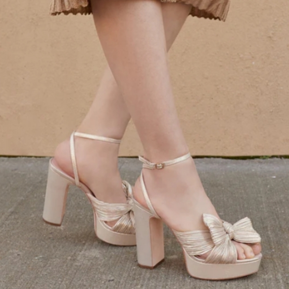 Loeffler Randall Natalia Platform Pleated Bow Heels In Platinum Lame 11